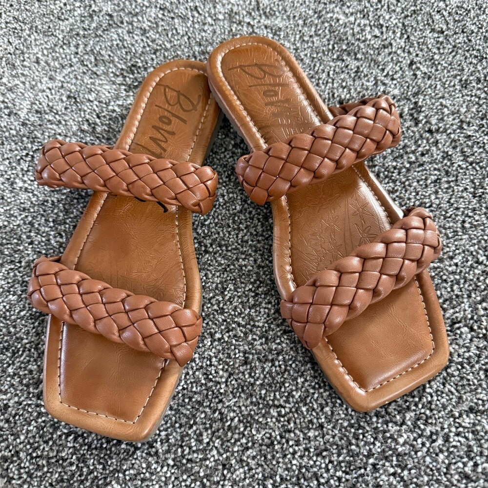 Blowfish Malibu Womens Slide Sandals Cognac Brown Braided Straps Square